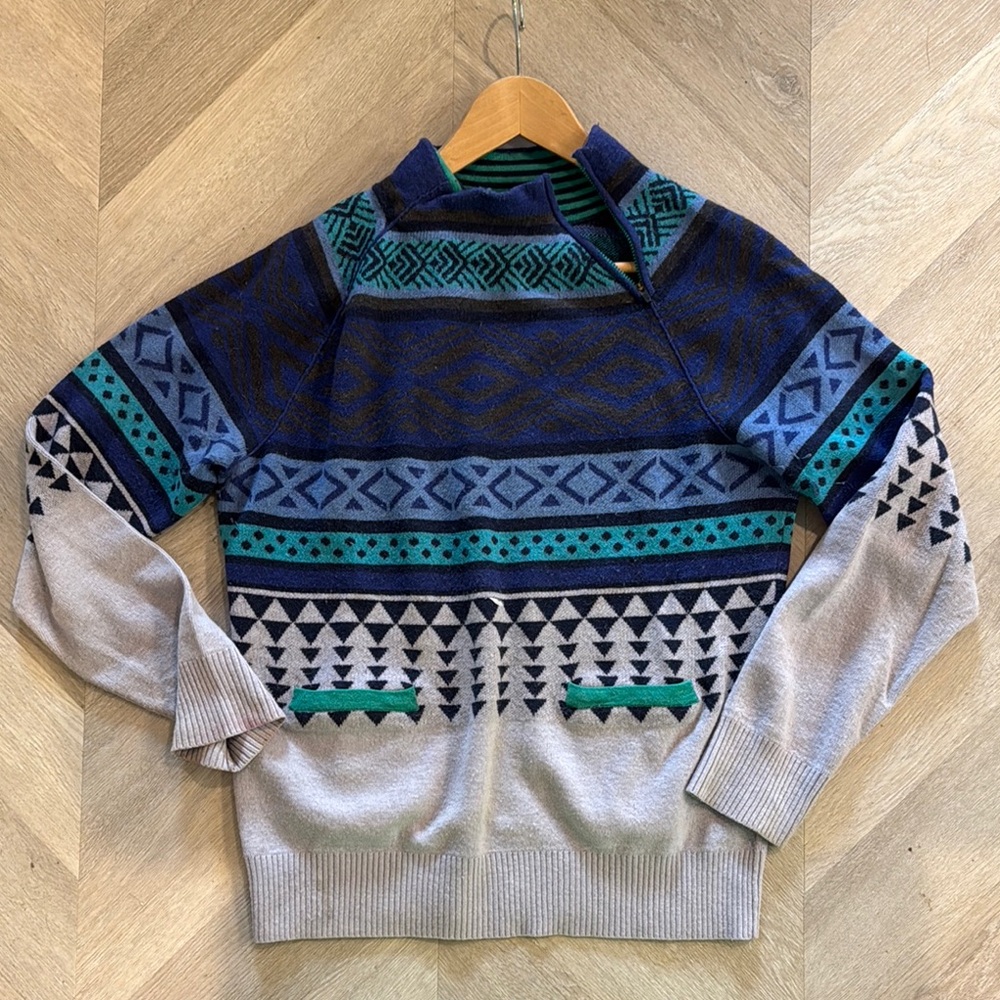 Title nine Blue and Green Crewneck Sweater with Nordic Pattern
